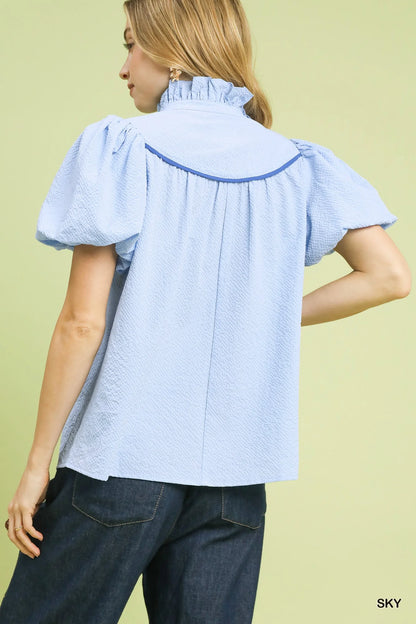 Umgee Textured Puff Sleeve Blouse in Sky