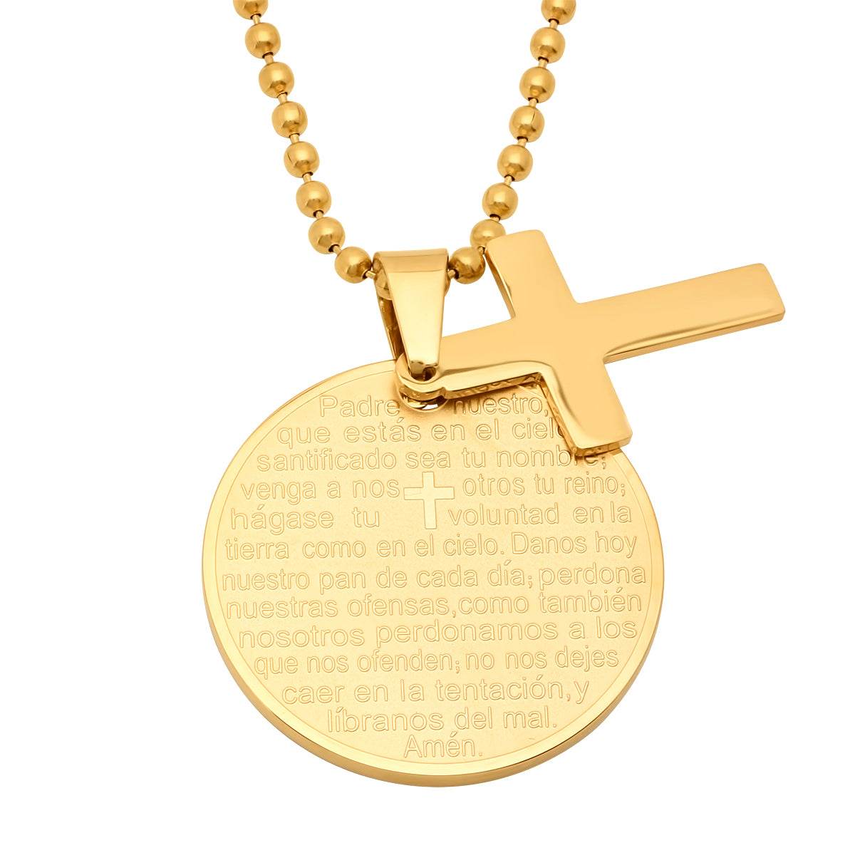 Ladies Round Padre Nuestro Prayer Pendant With Cross