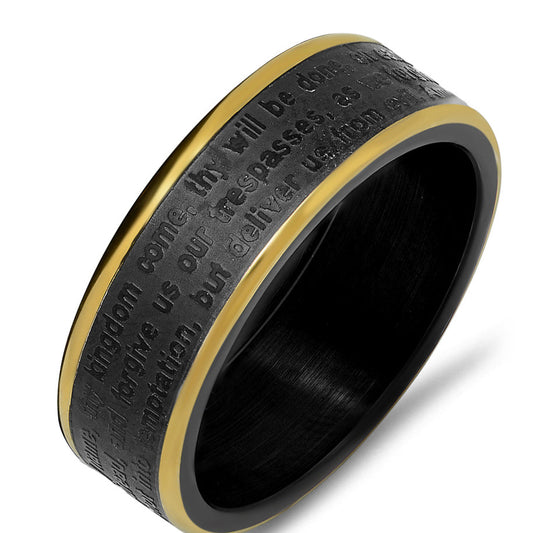 Two Tone Black IP And 18K Gold Plated Stainless Steel Lords Prayer Ring