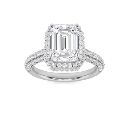 3Cttw Emerald Shaped Lab Grown Diamond (G/VS) HaloAccented Engagement Ring in 14K Gold