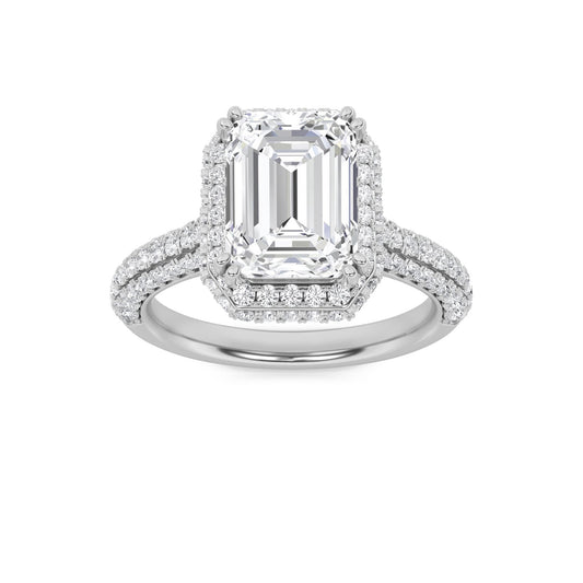 3Cttw Emerald Shaped Lab Grown Diamond (G/VS) HaloAccented Engagement Ring in 14K Gold