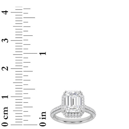 3Cttw Emerald Shaped Lab Grown Diamond (G/VS) HaloAccented Engagement Ring in 14K Gold