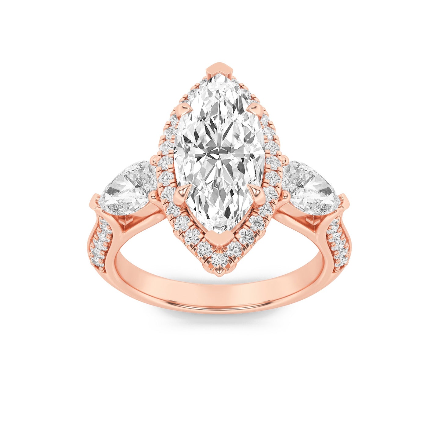 3Cttw Marquise Shaped Lab Grown Diamond (F/VS) Three Stone Halo Enagement Ring in 14K Gold