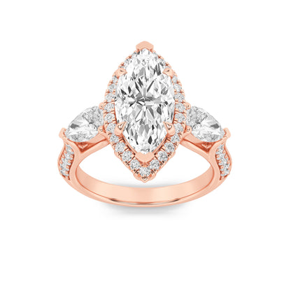 3Cttw Marquise Shaped Lab Grown Diamond (F/VS) Three Stone Halo Enagement Ring in 14K Gold