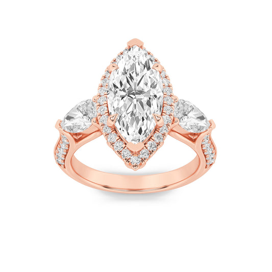 3Cttw Marquise Shaped Lab Grown Diamond (F/VS) Three Stone Halo Enagement Ring in 14K Gold