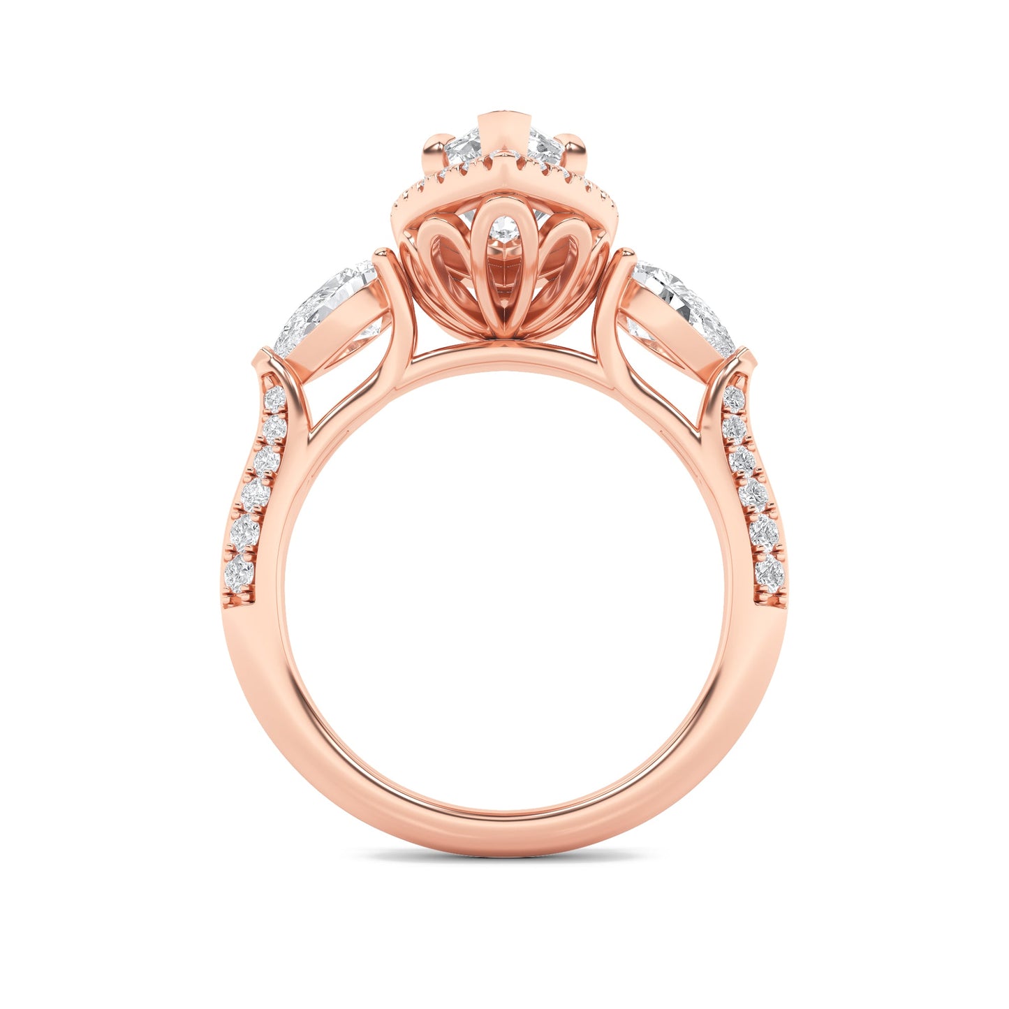 3Cttw Marquise Shaped Lab Grown Diamond (F/VS) Three Stone Halo Enagement Ring in 14K Gold