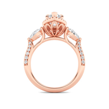 3Cttw Marquise Shaped Lab Grown Diamond (F/VS) Three Stone Halo Enagement Ring in 14K Gold