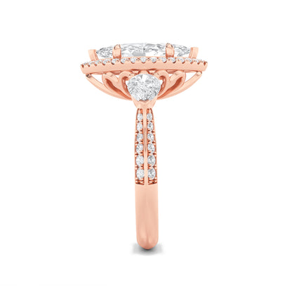 3Cttw Marquise Shaped Lab Grown Diamond (F/VS) Three Stone Halo Enagement Ring in 14K Gold
