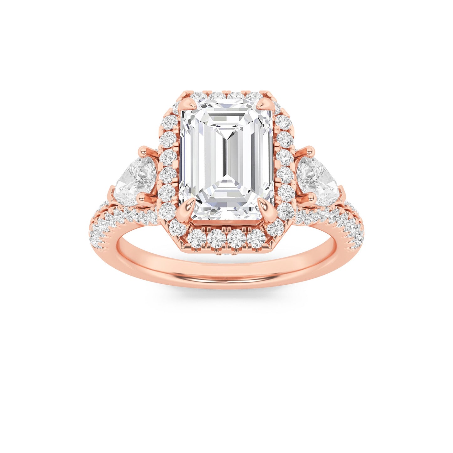3Cttw Emerald Shaped Lab Grown Diamond (F/VS) Three Stone Bold Accented Engagement Ring in 14K Gold
