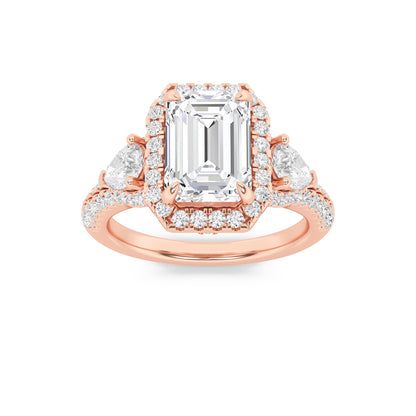 3Cttw Emerald Shaped Lab Grown Diamond (F/VS) Three Stone Bold Accented Engagement Ring in 14K Gold