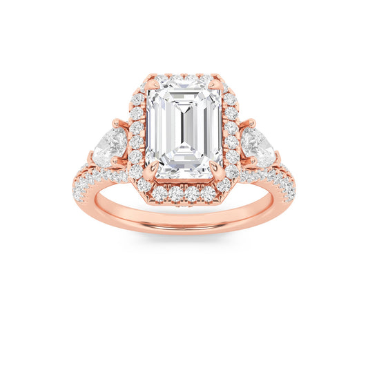 3Cttw Emerald Shaped Lab Grown Diamond (F/VS) Three Stone Bold Accented Engagement Ring in 14K Gold