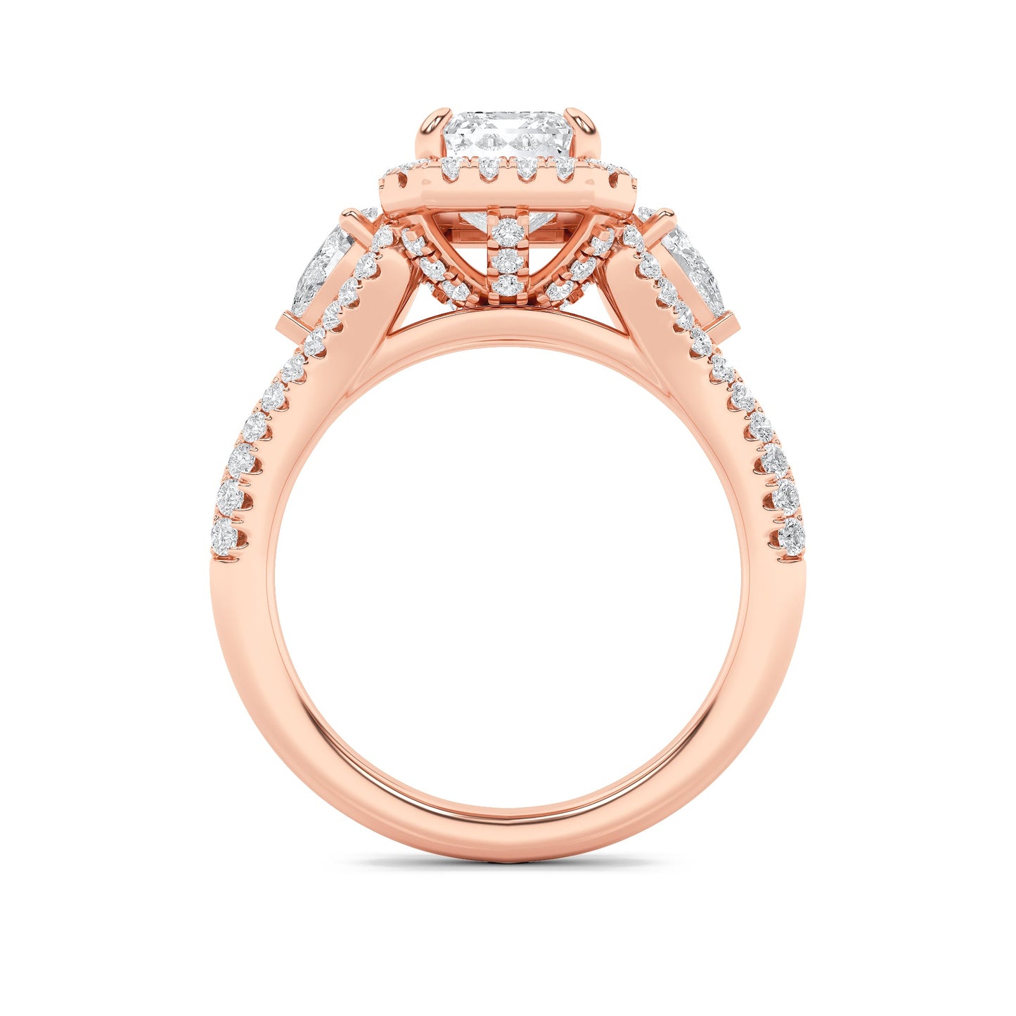 3Cttw Emerald Shaped Lab Grown Diamond (F/VS) Three Stone Bold Accented Engagement Ring in 14K Gold