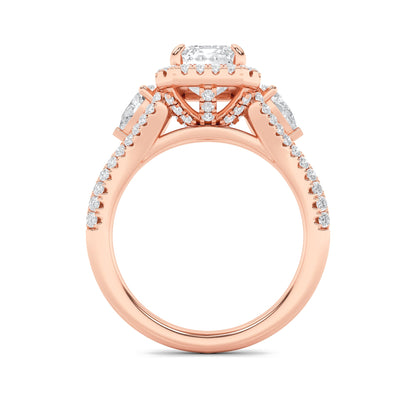 3Cttw Emerald Shaped Lab Grown Diamond (F/VS) Three Stone Bold Accented Engagement Ring in 14K Gold