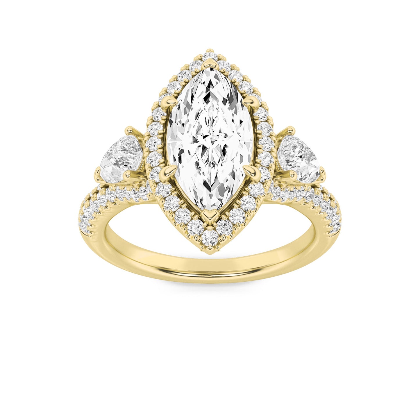 3Cttw Marquise Shaped Lab Grown Diamond (G/VS) Three Stone Bold Accented Engagement Ring in 14K Gold