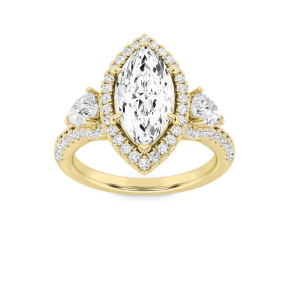 3Cttw Marquise Shaped Lab Grown Diamond (G/VS) Three Stone Bold Accented Engagement Ring in 14K Gold