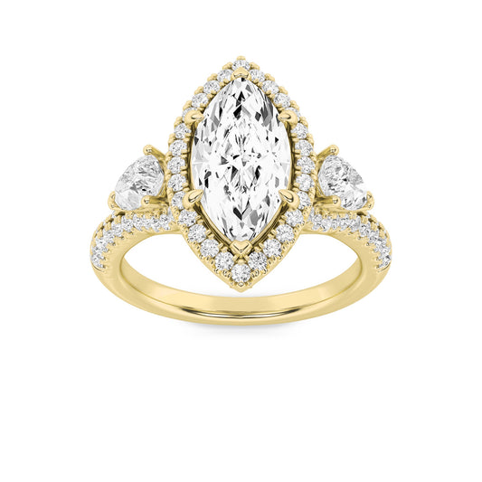3Cttw Marquise Shaped Lab Grown Diamond (G/VS) Three Stone Bold Accented Engagement Ring in 14K Gold