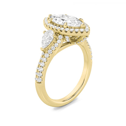 3Cttw Marquise Shaped Lab Grown Diamond (G/VS) Three Stone Bold Accented Engagement Ring in 14K Gold