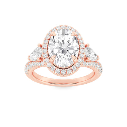3Cttw Oval Shaped Lab Grown Diamond (F/VS) Three Stone Bold Accented Engagement Ring in 14K Gold