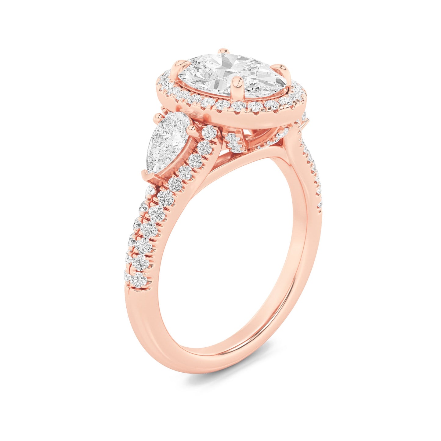 3Cttw Oval Shaped Lab Grown Diamond (F/VS) Three Stone Bold Accented Engagement Ring in 14K Gold