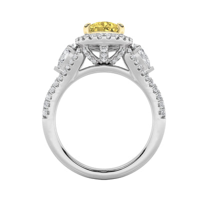 3Cttw Pear Shaped Yellow Lab Grown Diamond (F/VS) Three Stone Bold Accented Engagement Ring in 14K Gold