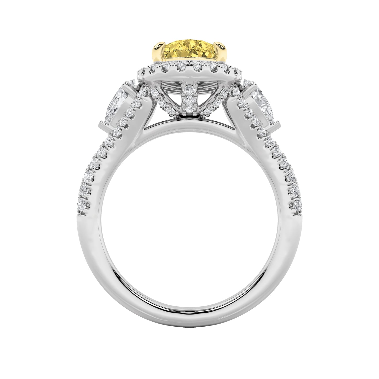 3Cttw Pear Shaped Yellow Lab Grown Diamond (F/VS) Three Stone Bold Accented Engagement Ring in 14K Gold