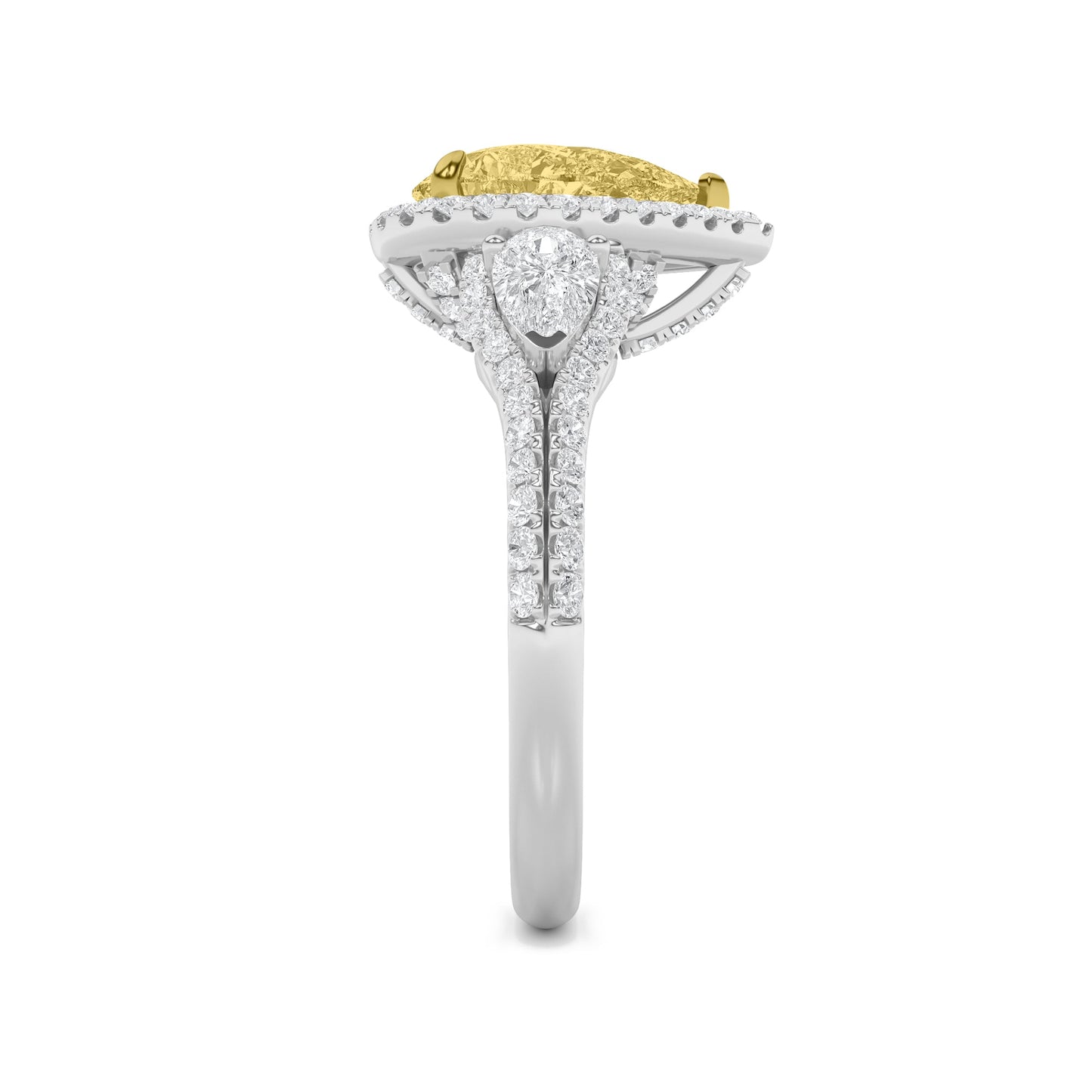 3Cttw Pear Shaped Yellow Lab Grown Diamond (F/VS) Three Stone Bold Accented Engagement Ring in 14K Gold