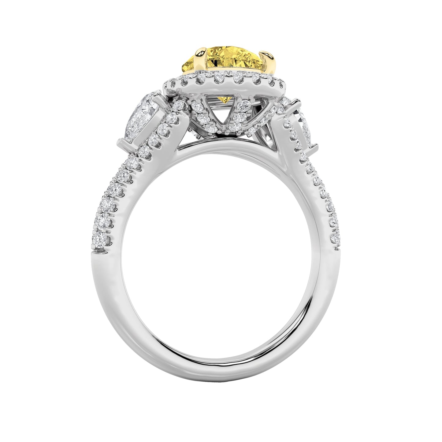 3Cttw Pear Shaped Yellow Lab Grown Diamond (F/VS) Three Stone Bold Accented Engagement Ring in 14K Gold