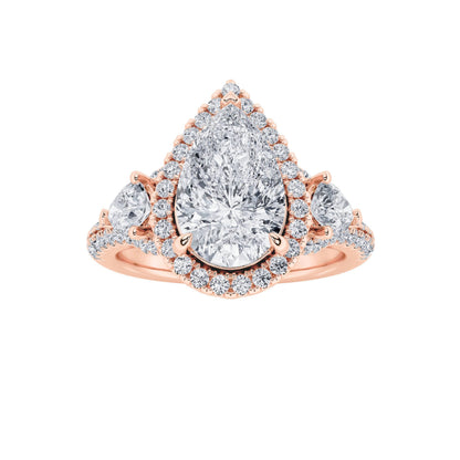 3Cttw Pear Shaped Lab Grown Diamond (F/VS) Three Stone Bold Accented Engagement Ring in 14K Gold