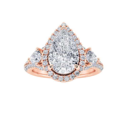 3Cttw Pear Shaped Lab Grown Diamond (F/VS) Three Stone Bold Accented Engagement Ring in 14K Gold