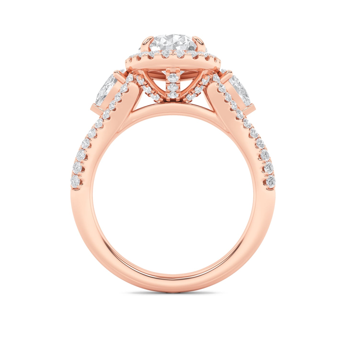 3Cttw Pear Shaped Lab Grown Diamond (F/VS) Three Stone Bold Accented Engagement Ring in 14K Gold
