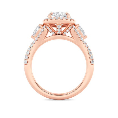 3Cttw Pear Shaped Lab Grown Diamond (F/VS) Three Stone Bold Accented Engagement Ring in 14K Gold
