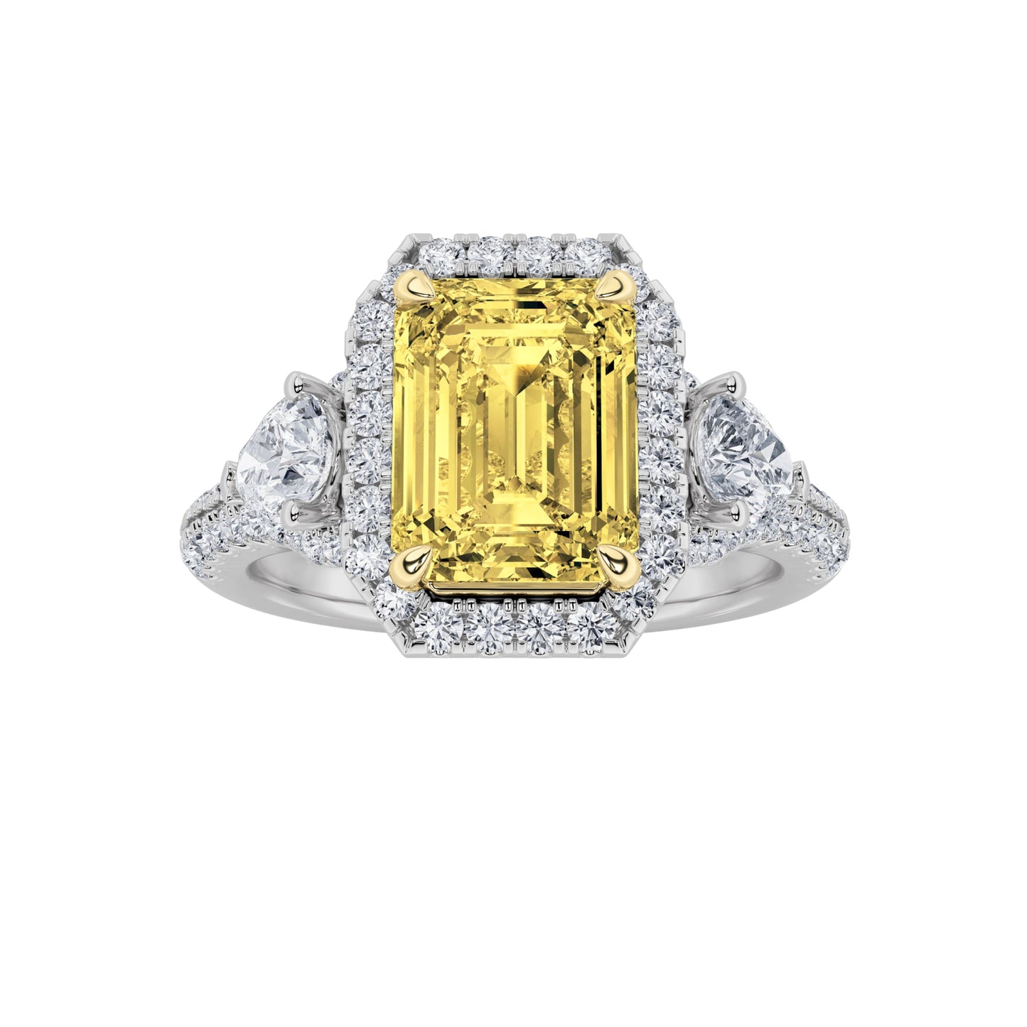 3Cttw Radiant Shaped Yellow Lab Grown Diamond (F/VS) Accented Three Stone Engagement Ring in 14K Gold