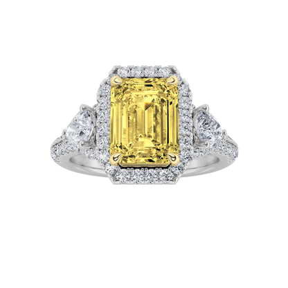 3Cttw Radiant Shaped Yellow Lab Grown Diamond (F/VS) Accented Three Stone Engagement Ring in 14K Gold