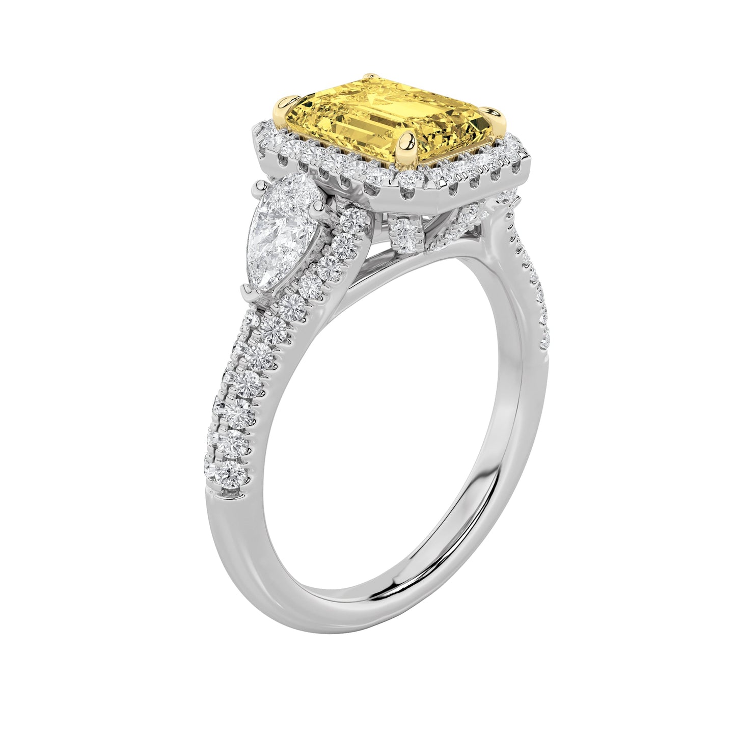 3Cttw Radiant Shaped Yellow Lab Grown Diamond (F/VS) Accented Three Stone Engagement Ring in 14K Gold
