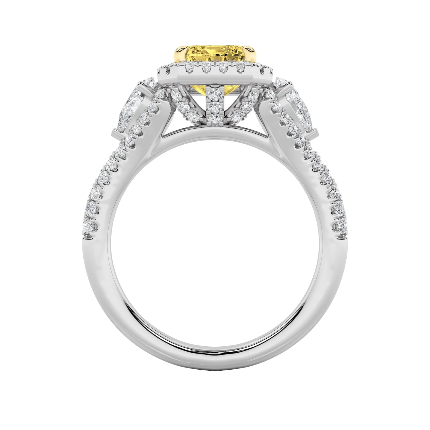 3Cttw Radiant Shaped Yellow Lab Grown Diamond (F/VS) Accented Three Stone Engagement Ring in 14K Gold