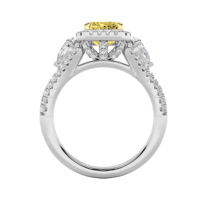 3Cttw Radiant Shaped Yellow Lab Grown Diamond (F/VS) Accented Three Stone Engagement Ring in 14K Gold