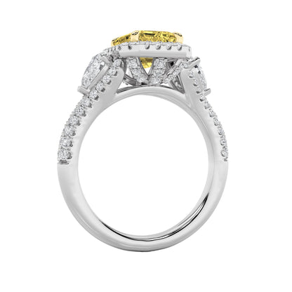 3Cttw Radiant Shaped Yellow Lab Grown Diamond (F/VS) Accented Three Stone Engagement Ring in 14K Gold