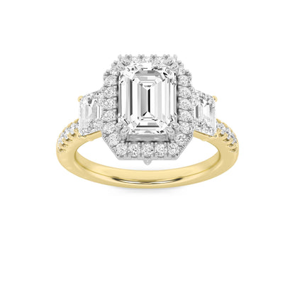 3Cttw Emerald Shaped Lab Grown Diamond (G/VS) Three Stone Accented Engagement Ring in 14K Gold