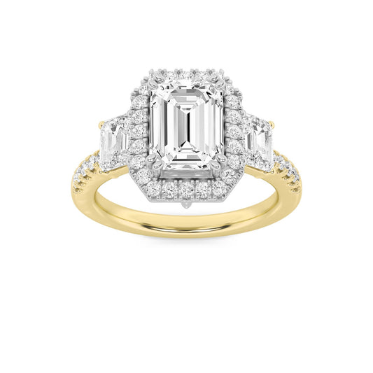 3Cttw Emerald Shaped Lab Grown Diamond (G/VS) Three Stone Accented Engagement Ring in 14K Gold