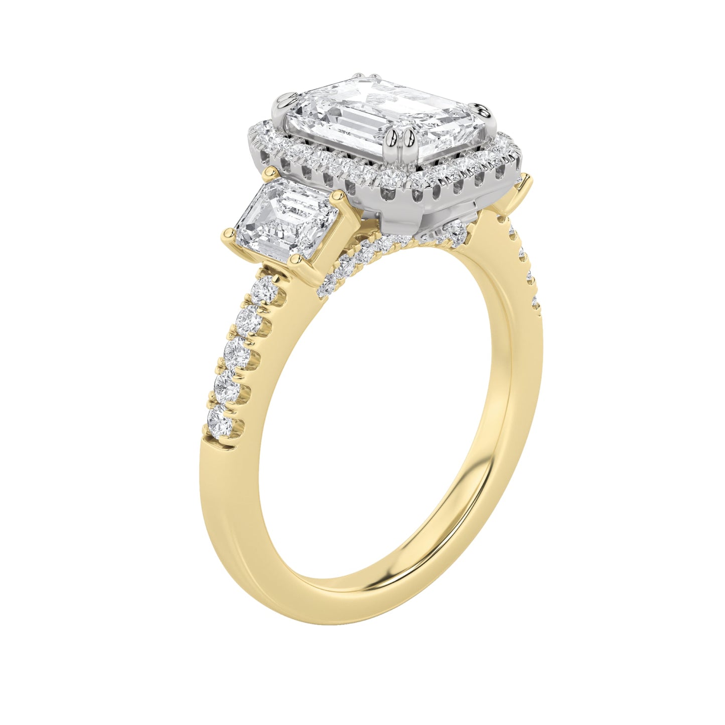 3Cttw Emerald Shaped Lab Grown Diamond (G/VS) Three Stone Accented Engagement Ring in 14K Gold