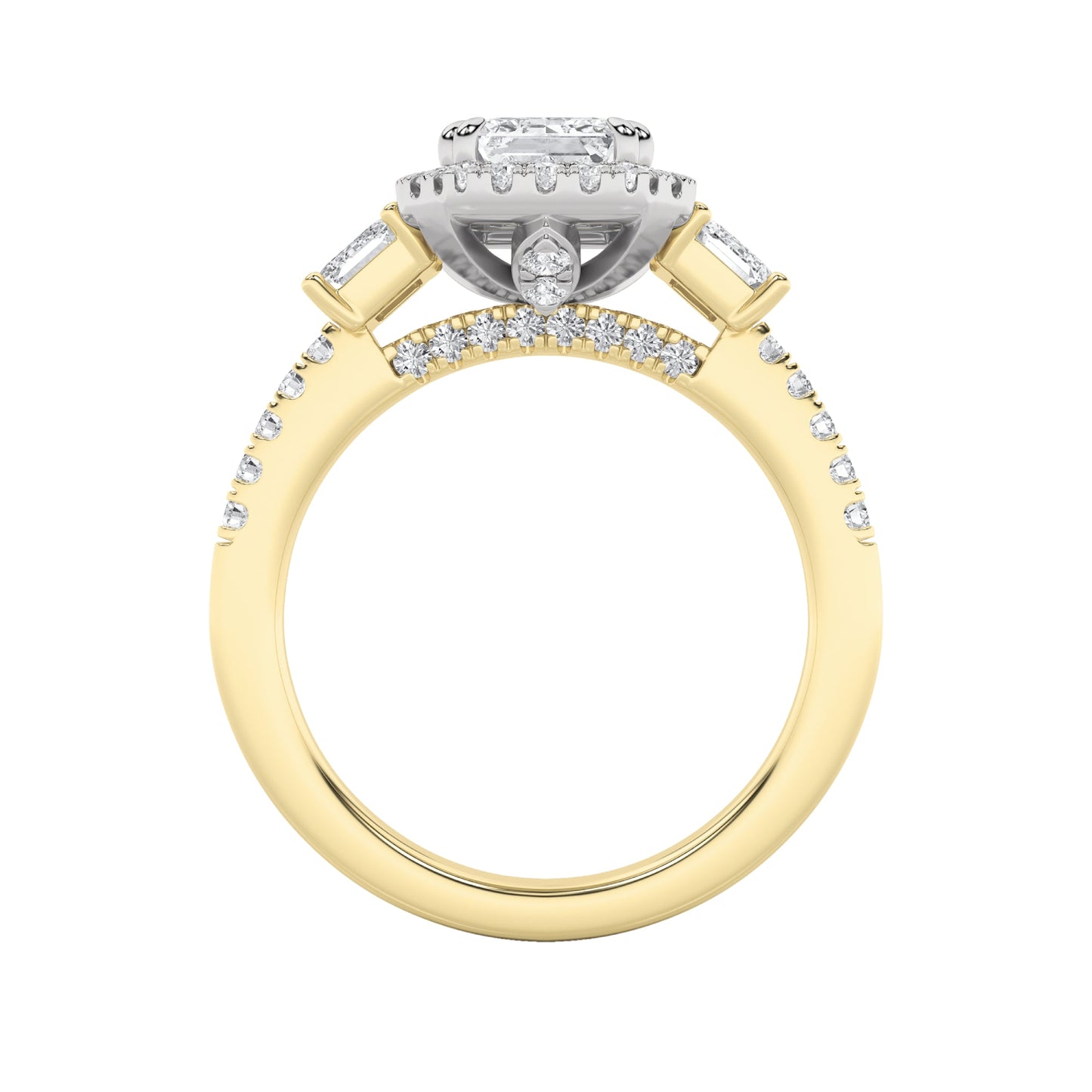 3Cttw Emerald Shaped Lab Grown Diamond (G/VS) Three Stone Accented Engagement Ring in 14K Gold
