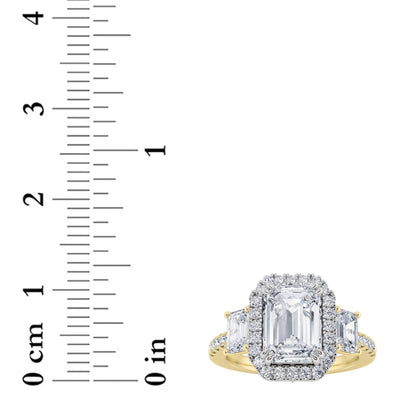 3Cttw Emerald Shaped Lab Grown Diamond (G/VS) Three Stone Accented Engagement Ring in 14K Gold