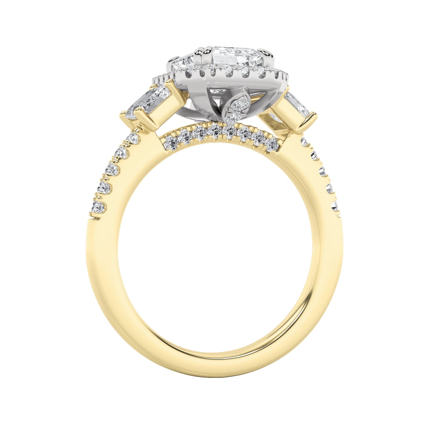 3Cttw Emerald Shaped Lab Grown Diamond (G/VS) Three Stone Accented Engagement Ring in 14K Gold