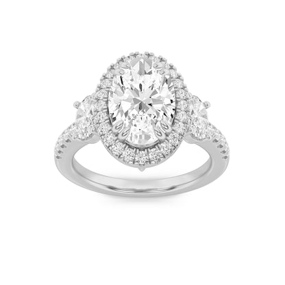 3Cttw Oval Shaped Lab Grown Diamond (G/VS) Three Stone Accented Engagement Ring in 14K Gold