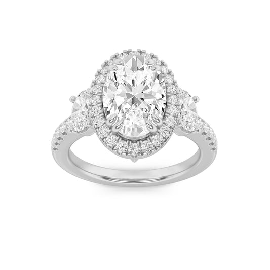 3Cttw Oval Shaped Lab Grown Diamond (G/VS) Three Stone Accented Engagement Ring in 14K Gold