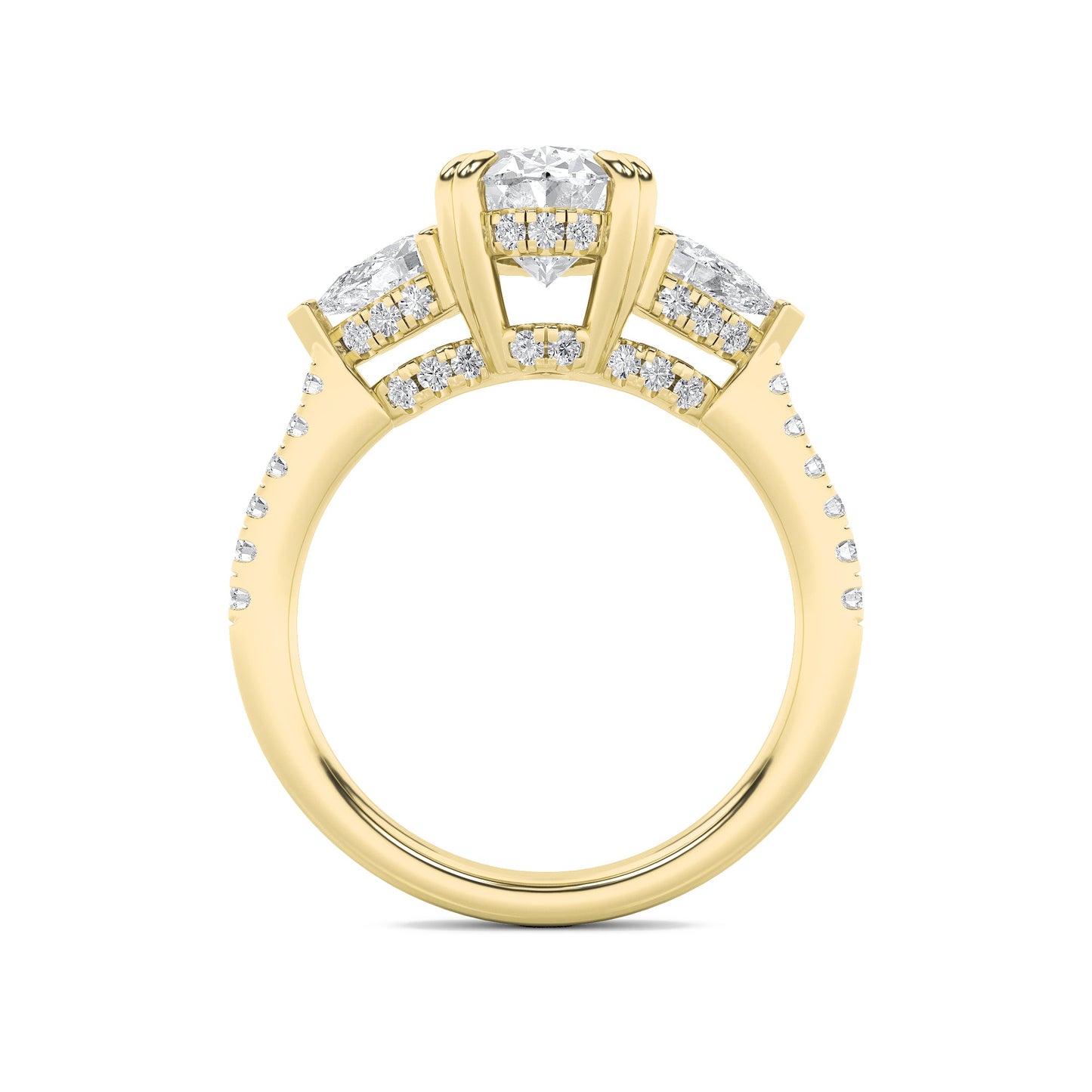 3Cttw Oval Shaped Lab Grown Diamond (F/VS) Three Stone Accented Engagement Ring in 14K Gold