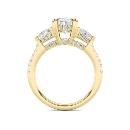 3Cttw Oval Shaped Lab Grown Diamond (F/VS) Three Stone Accented Engagement Ring in 14K Gold