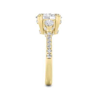 3Cttw Oval Shaped Lab Grown Diamond (F/VS) Three Stone Accented Engagement Ring in 14K Gold
