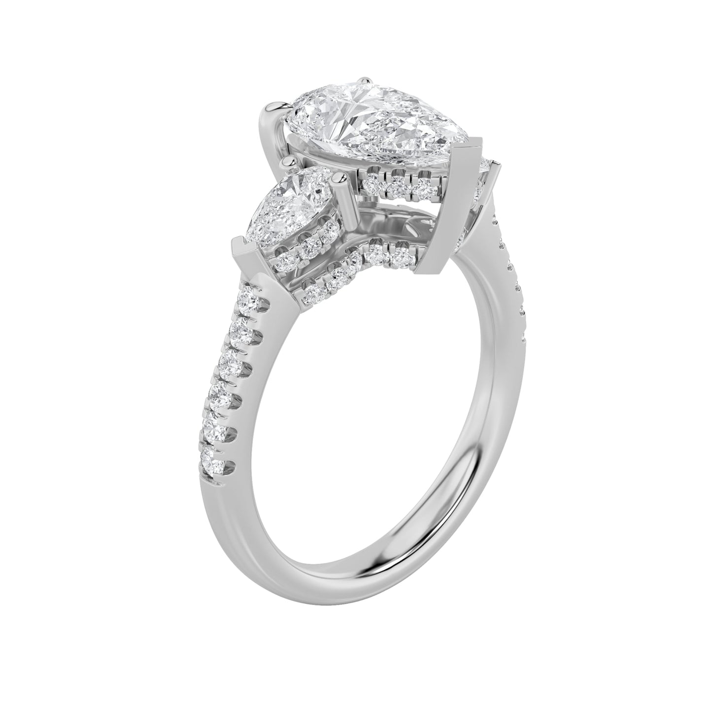 3Cttw Pear Shaped Lab Grown Diamond (F/VS) Three Stone Accented Engagement Ring in 14K Gold