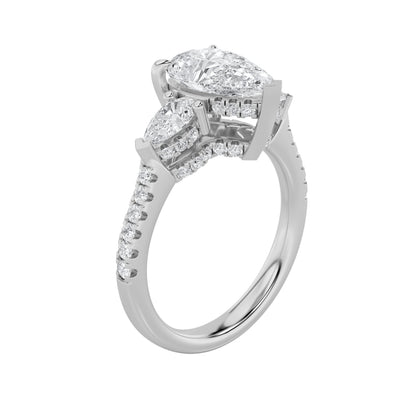 3Cttw Pear Shaped Lab Grown Diamond (F/VS) Three Stone Accented Engagement Ring in 14K Gold